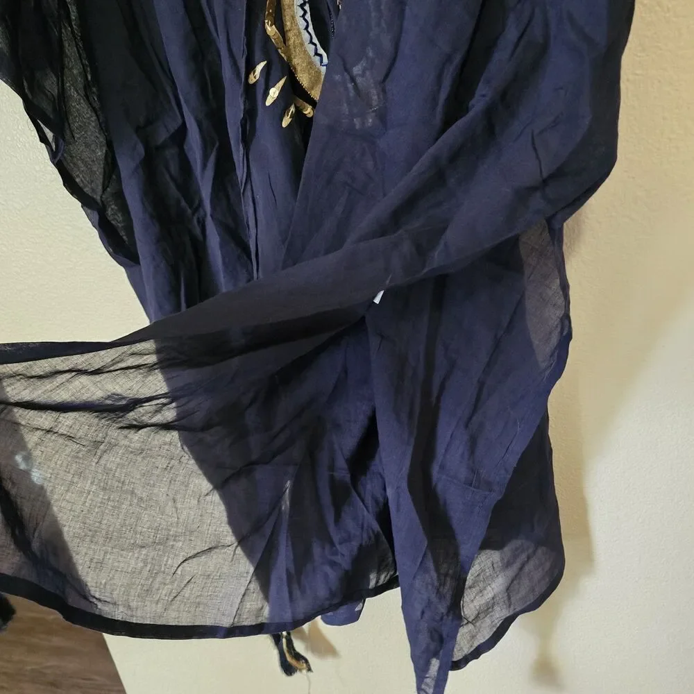 Rhea Evil Eye Brief Kaftan Beach Cover Up Navy Blue Gold Sequin Tassels O/S NWT